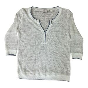 Anthropologie Postmark White V-Neck Knit Top with Navy Trim